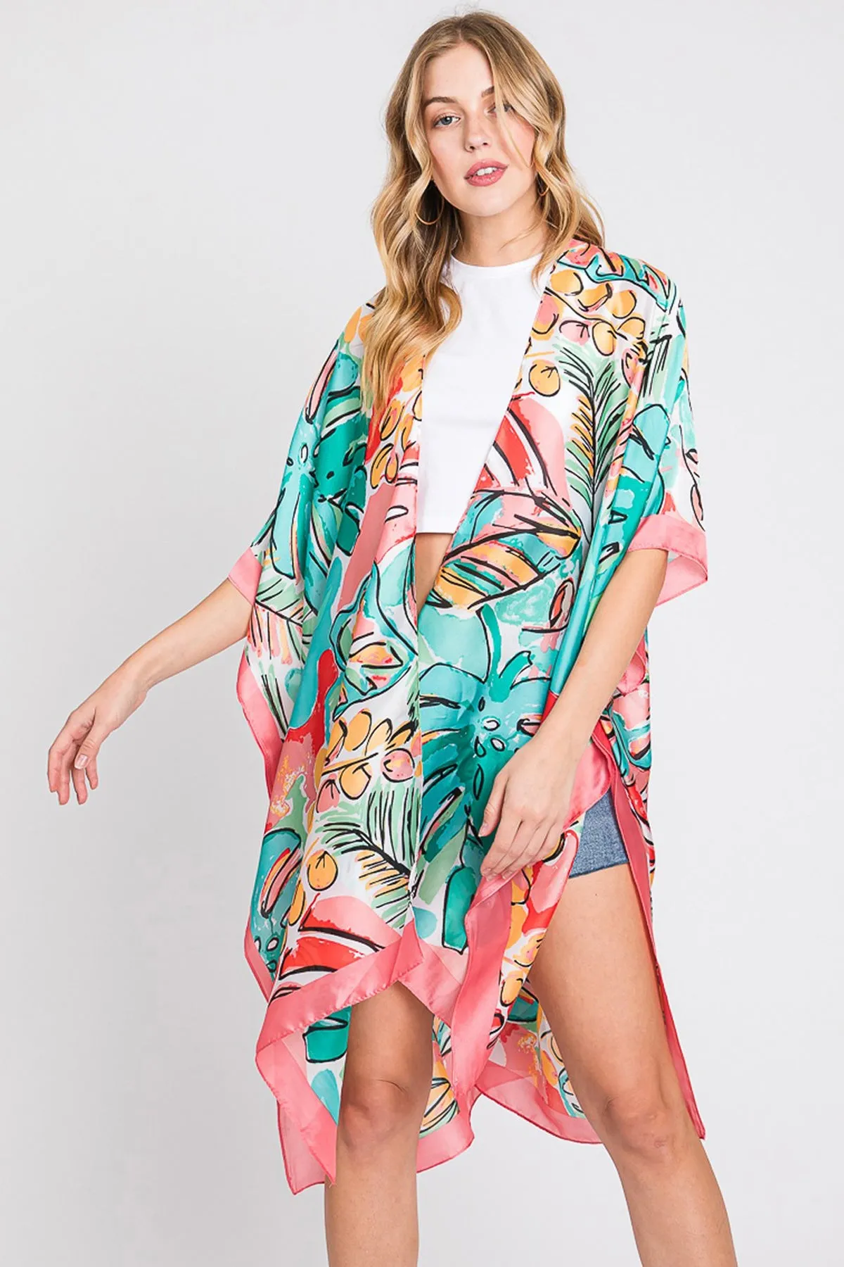 HAND DRAWN WATERCOLOR TROPICAL LEAVES KIMONO
