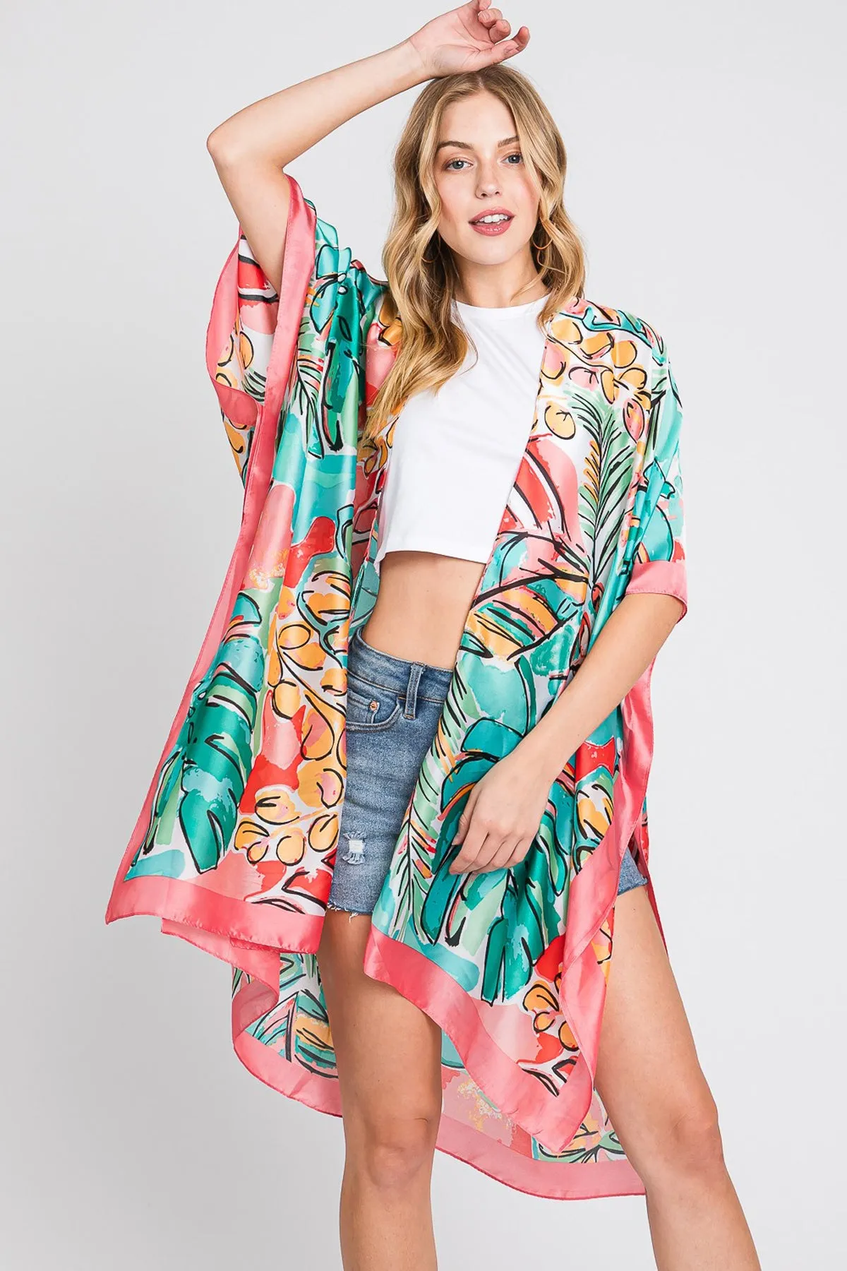 HAND DRAWN WATERCOLOR TROPICAL LEAVES KIMONO