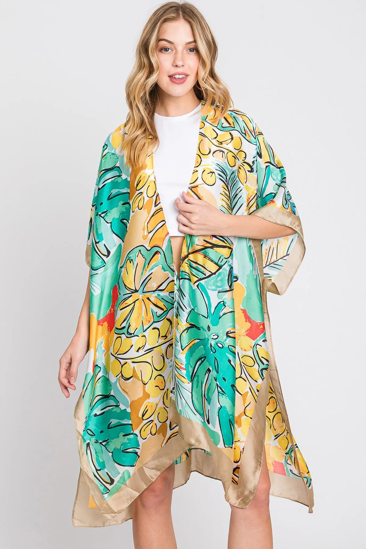 HAND DRAWN WATERCOLOR TROPICAL LEAVES KIMONO
