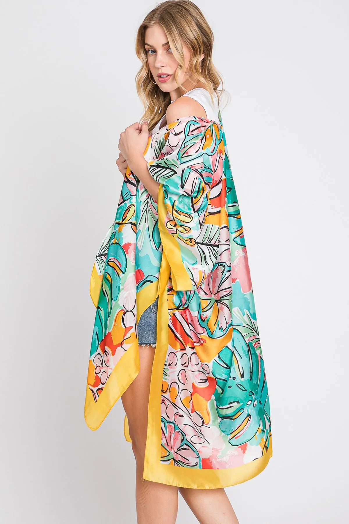 HAND DRAWN WATERCOLOR TROPICAL LEAVES KIMONO