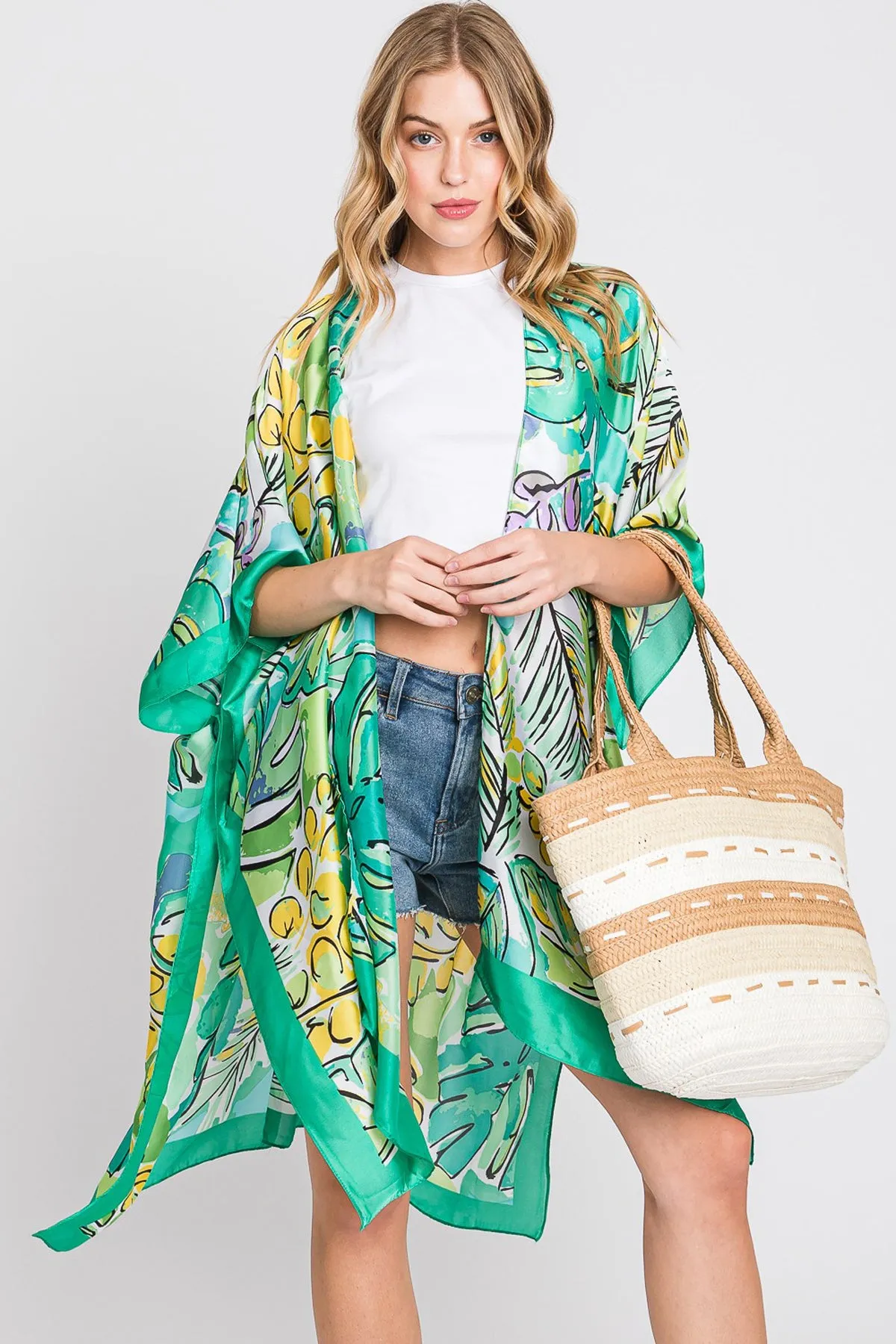 HAND DRAWN WATERCOLOR TROPICAL LEAVES KIMONO