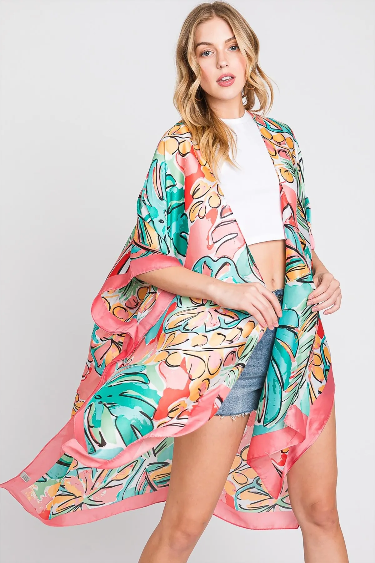 HAND DRAWN WATERCOLOR TROPICAL LEAVES KIMONO