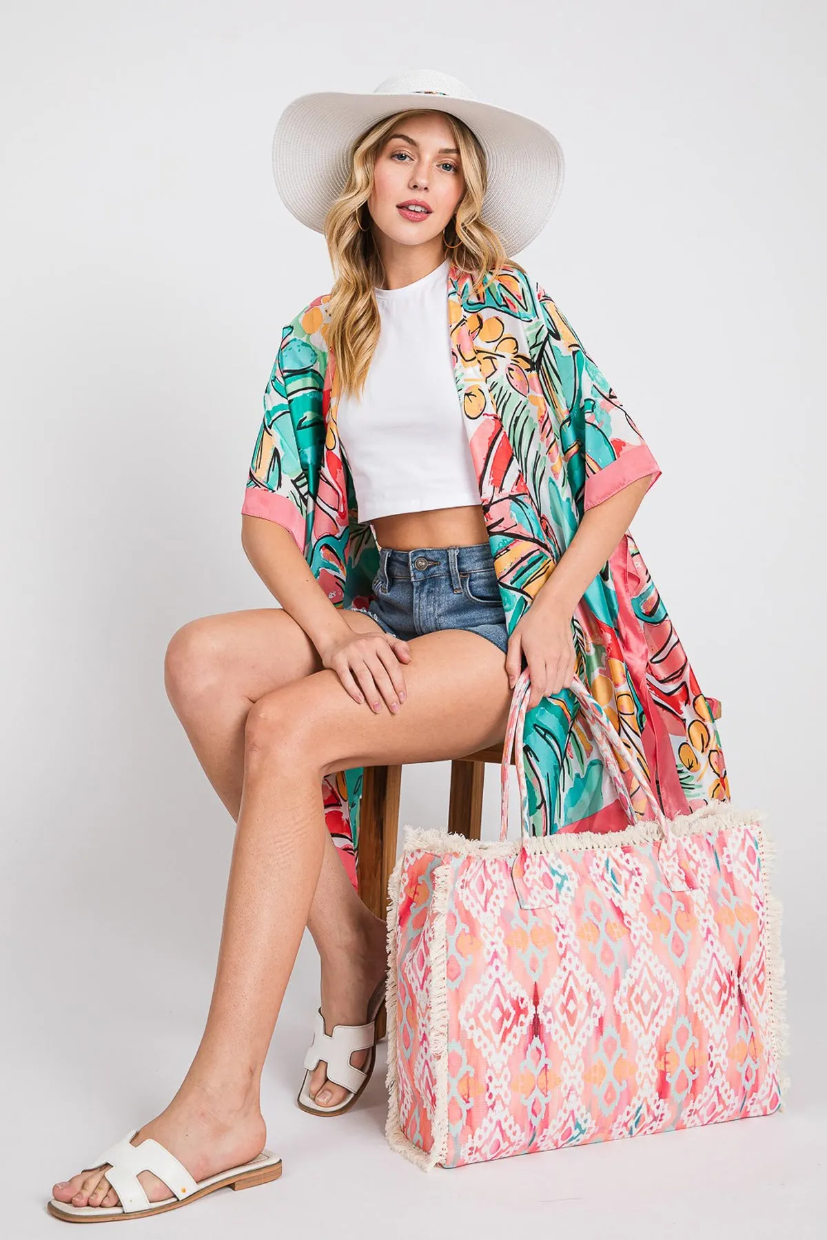 HAND DRAWN WATERCOLOR TROPICAL LEAVES KIMONO
