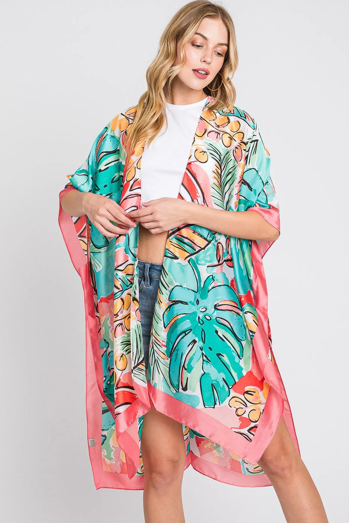 HAND DRAWN WATERCOLOR TROPICAL LEAVES KIMONO