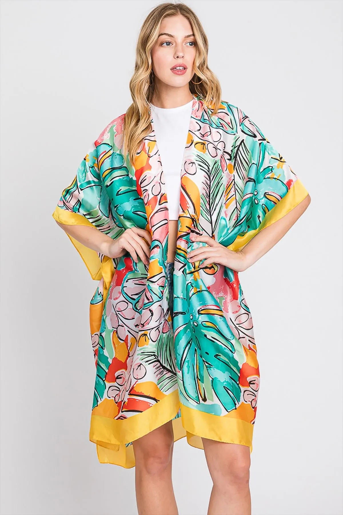 HAND DRAWN WATERCOLOR TROPICAL LEAVES KIMONO