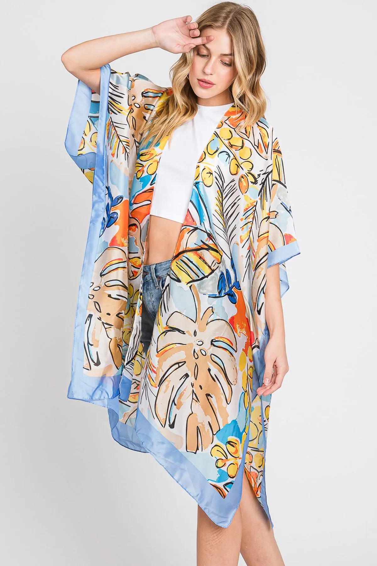 HAND DRAWN WATERCOLOR TROPICAL LEAVES KIMONO