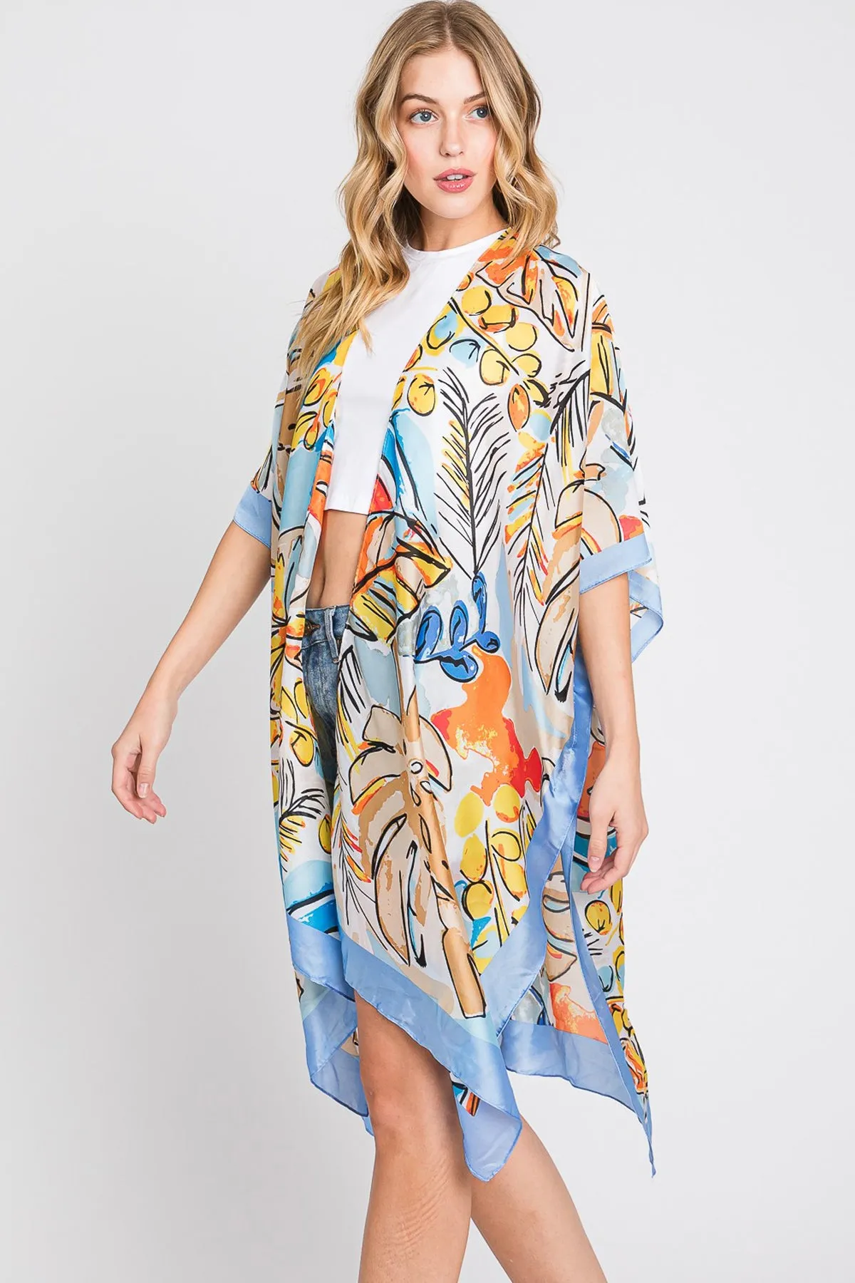 HAND DRAWN WATERCOLOR TROPICAL LEAVES KIMONO