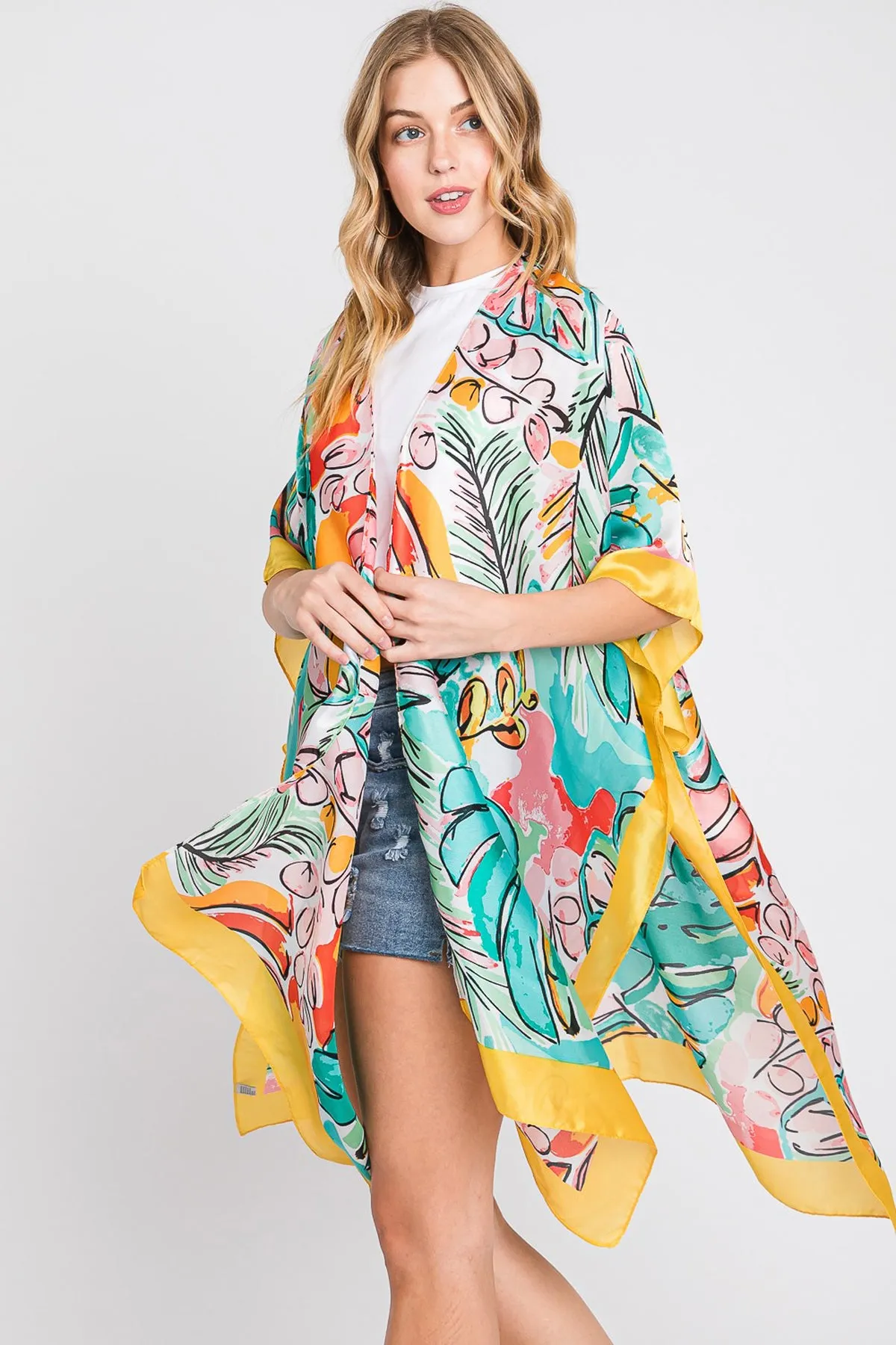 HAND DRAWN WATERCOLOR TROPICAL LEAVES KIMONO