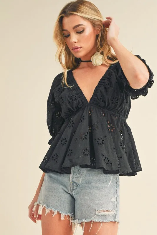 Hazel Blues® |  Aemi   Co Eyelet Embroidered V-Neck Half Sleeve Peplum Blouse