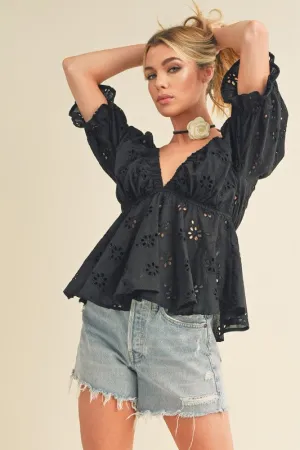 Hazel Blues® |  Aemi   Co Eyelet Embroidered V-Neck Half Sleeve Peplum Blouse