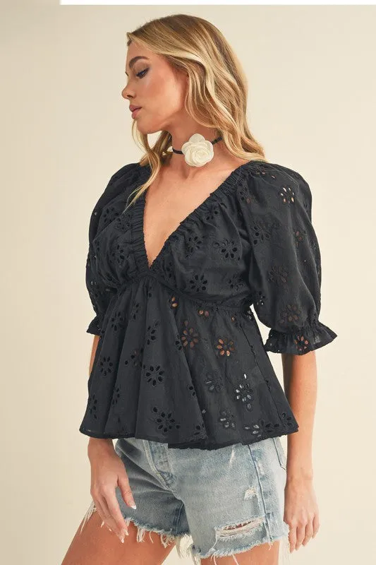 Hazel Blues® |  Aemi   Co Eyelet Embroidered V-Neck Half Sleeve Peplum Blouse