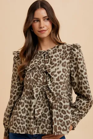Hazel Blues® |  Annie Wear Tied Leopard Round Neck Peplum Blouse