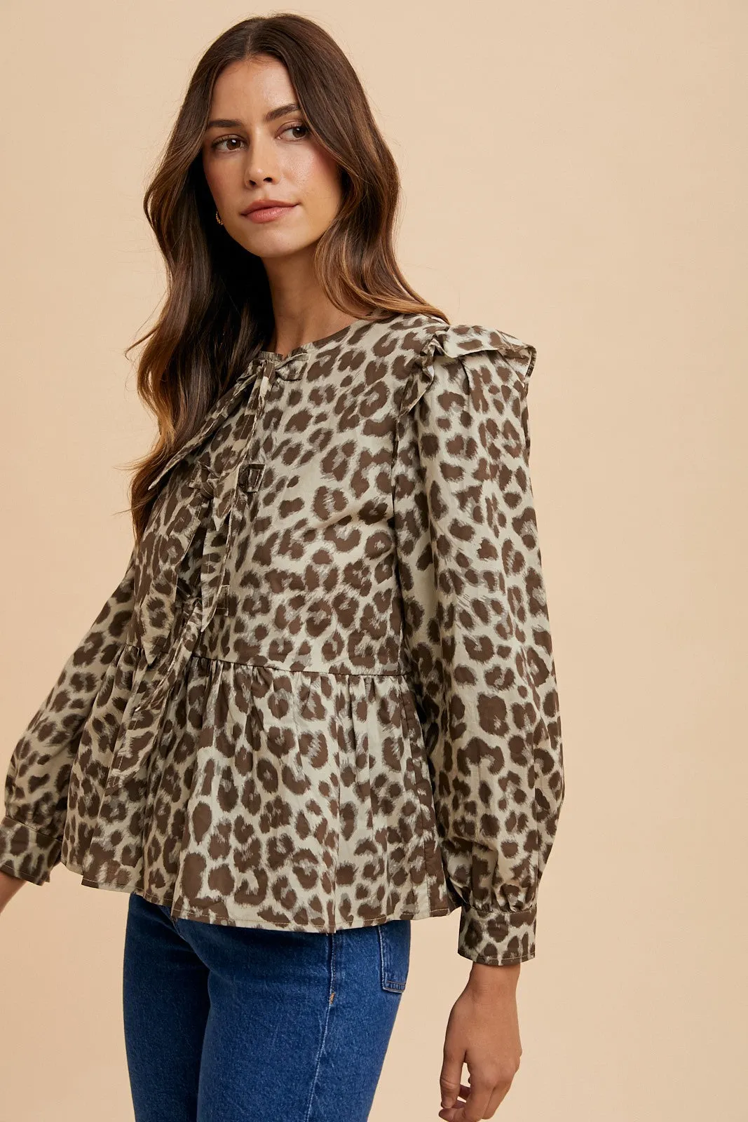 Hazel Blues® |  Annie Wear Tied Leopard Round Neck Peplum Blouse