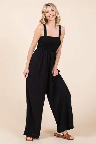 Hazel Blues® |  Mittoshop Smocked Wide Strap Wide Leg Overalls