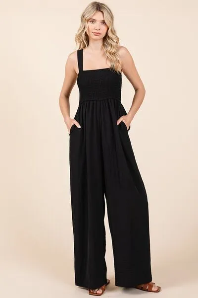 Hazel Blues® |  Mittoshop Smocked Wide Strap Wide Leg Overalls