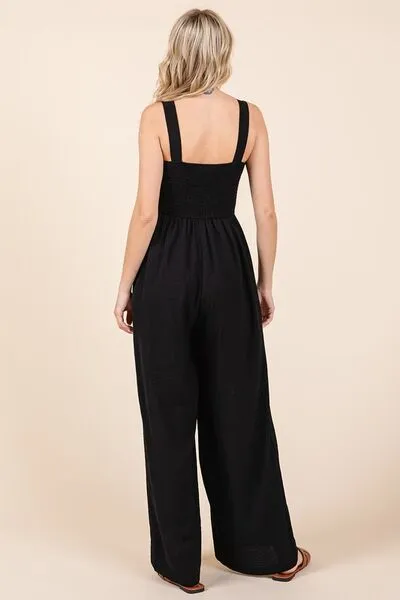 Hazel Blues® |  Mittoshop Smocked Wide Strap Wide Leg Overalls