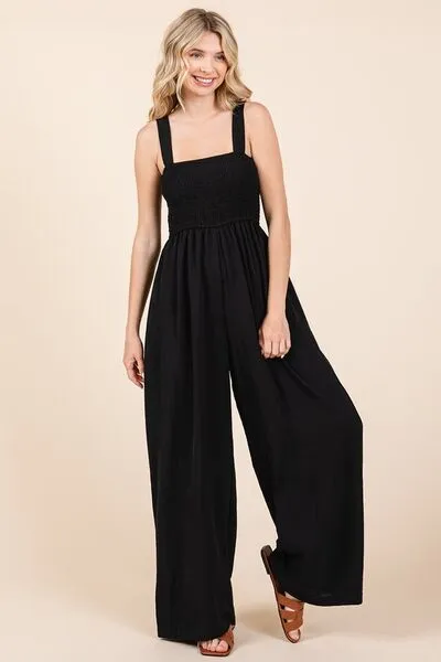 Hazel Blues® |  Mittoshop Smocked Wide Strap Wide Leg Overalls