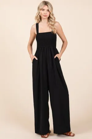 Hazel Blues® |  Mittoshop Smocked Wide Strap Wide Leg Overalls