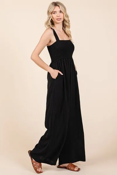 Hazel Blues® |  Mittoshop Smocked Wide Strap Wide Leg Overalls