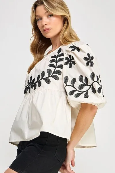 Hazel Blues® |  SAGE FIG Puff-Sleeve Embroidered Peplum Blouse
