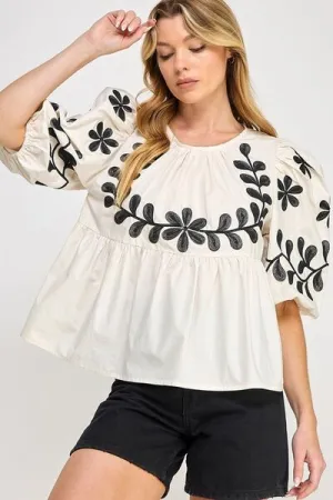 Hazel Blues® |  SAGE FIG Puff-Sleeve Embroidered Peplum Blouse