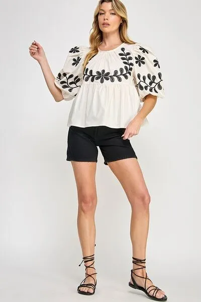 Hazel Blues® |  SAGE FIG Puff-Sleeve Embroidered Peplum Blouse