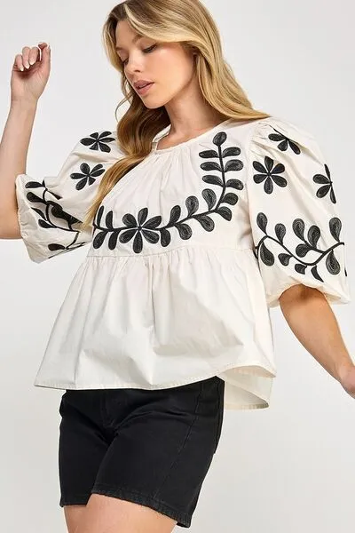 Hazel Blues® |  SAGE FIG Puff-Sleeve Embroidered Peplum Blouse