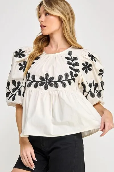 Hazel Blues® |  SAGE FIG Puff-Sleeve Embroidered Peplum Blouse