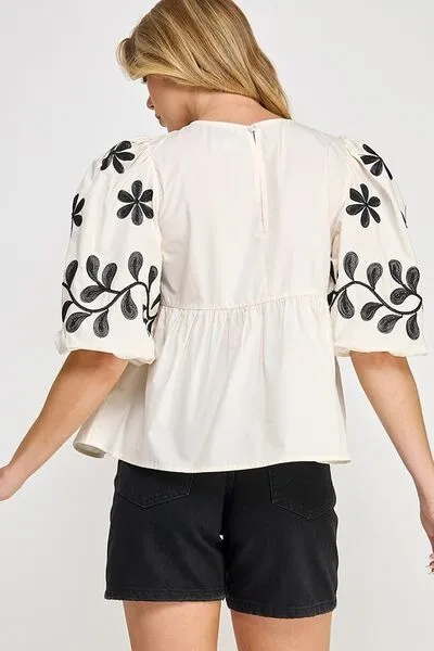 Hazel Blues® |  SAGE FIG Puff-Sleeve Embroidered Peplum Blouse