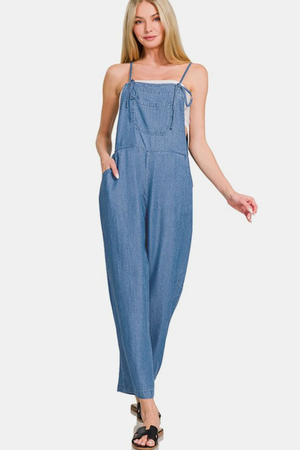 Hazel Blues® |  Zenana Washed Adjustable Strap Wide Leg Denim Overalls