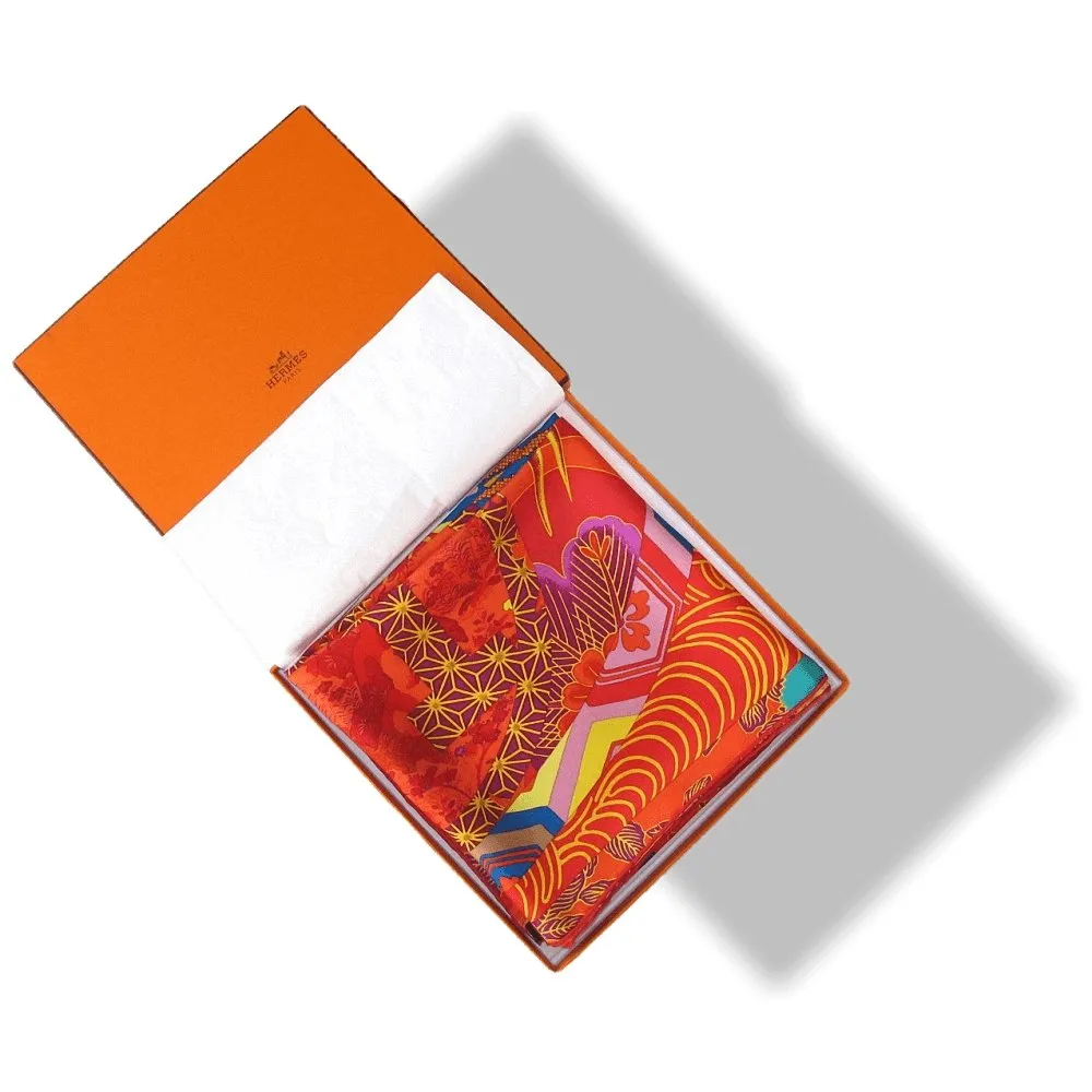 Hermes 2011 Orange Rouge Ex Libris en Kimonos by Anamporphee Twill 90cm Scarf NIB!