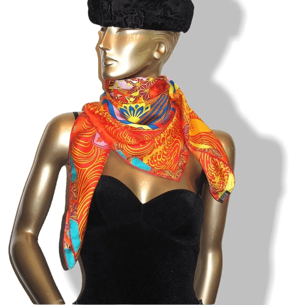 Hermes 2011 Orange Rouge Ex Libris en Kimonos by Anamporphee Twill 90cm Scarf NIB!