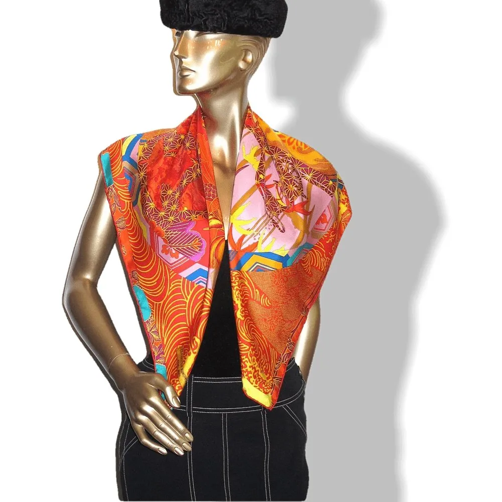 Hermes 2011 Orange Rouge Ex Libris en Kimonos by Anamporphee Twill 90cm Scarf NIB!