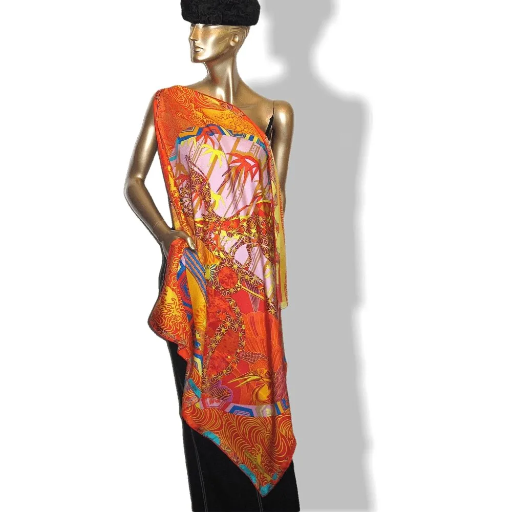 Hermes 2011 Orange Rouge Ex Libris en Kimonos by Anamporphee Twill 90cm Scarf NIB!