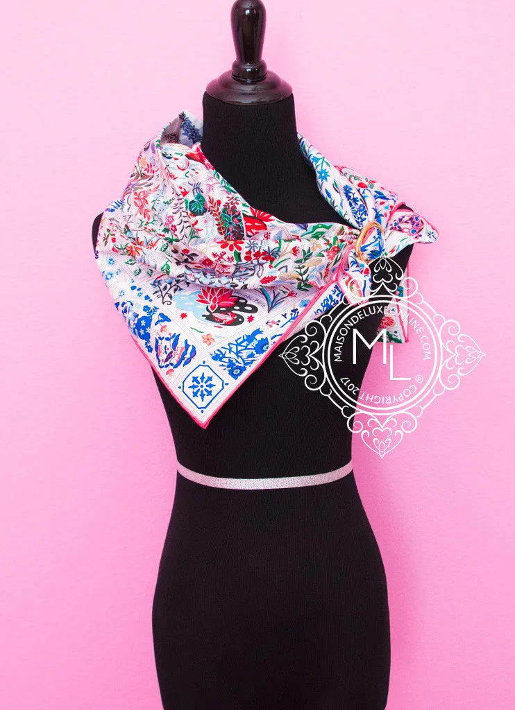 Hermes White Pink Twill Silk 90 cm Fleurs de Giverny Scarf