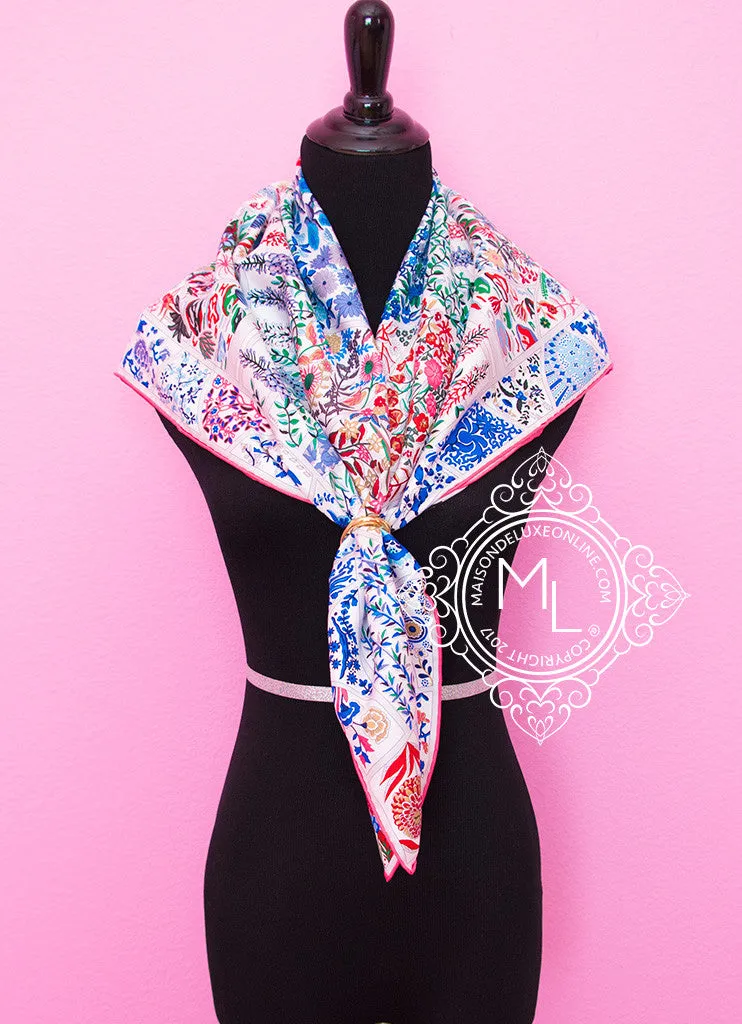 Hermes White Pink Twill Silk 90 cm Fleurs de Giverny Scarf