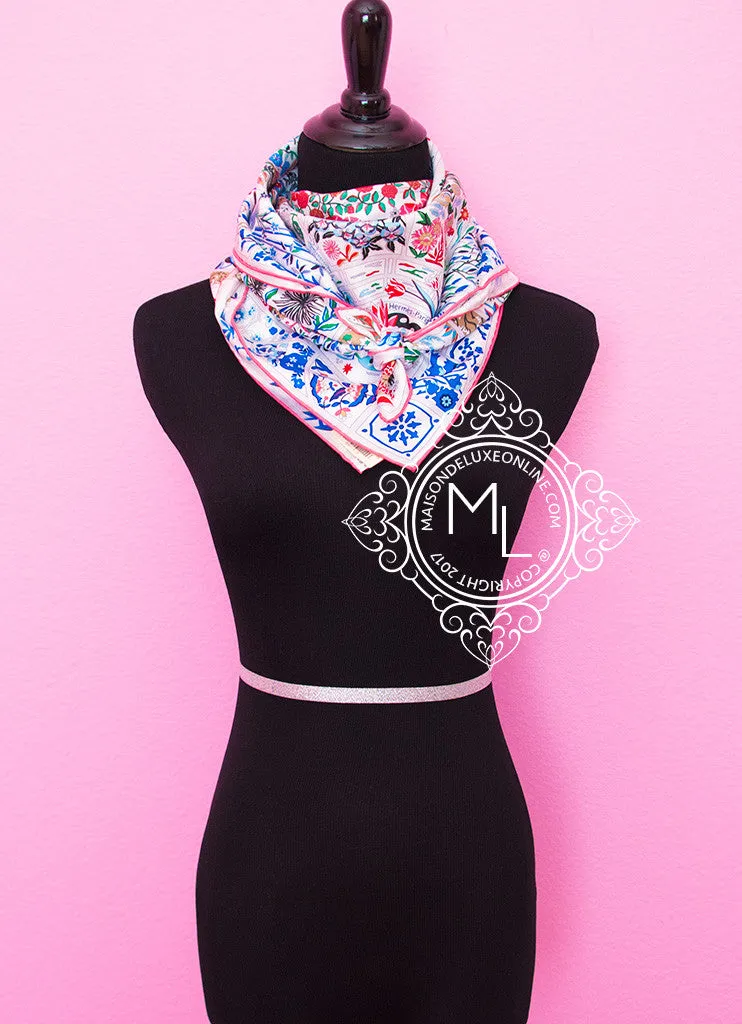 Hermes White Pink Twill Silk 90 cm Fleurs de Giverny Scarf