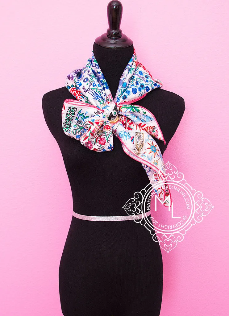 Hermes White Pink Twill Silk 90 cm Fleurs de Giverny Scarf
