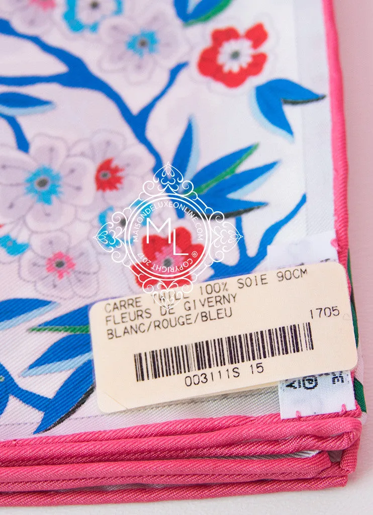 Hermes White Pink Twill Silk 90 cm Fleurs de Giverny Scarf