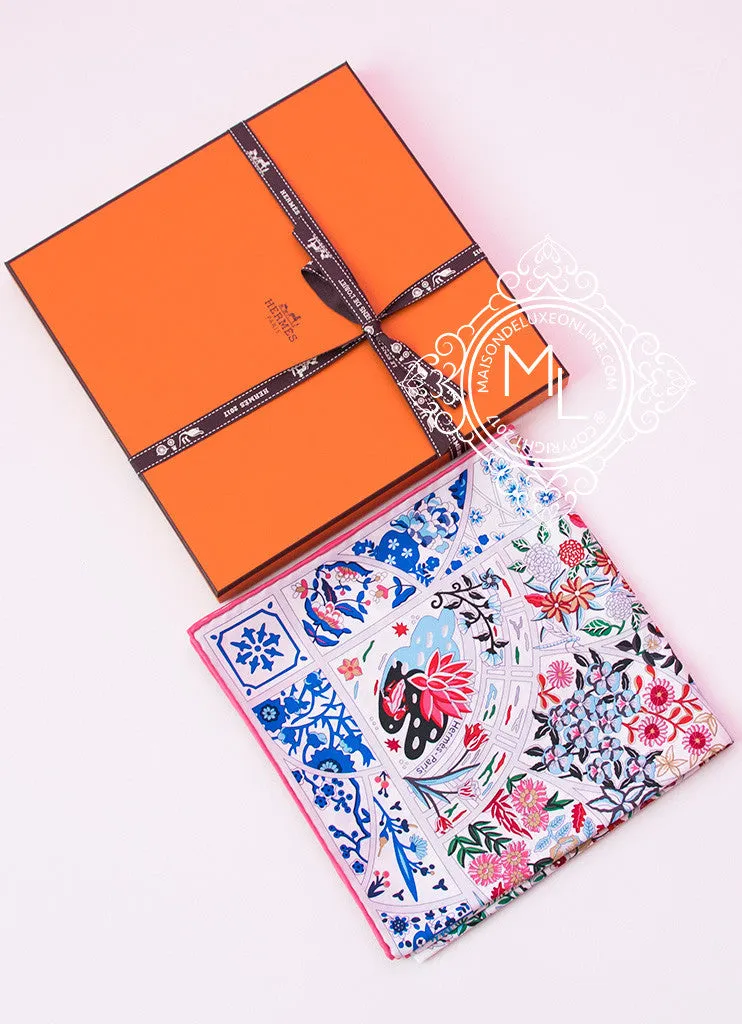 Hermes White Pink Twill Silk 90 cm Fleurs de Giverny Scarf