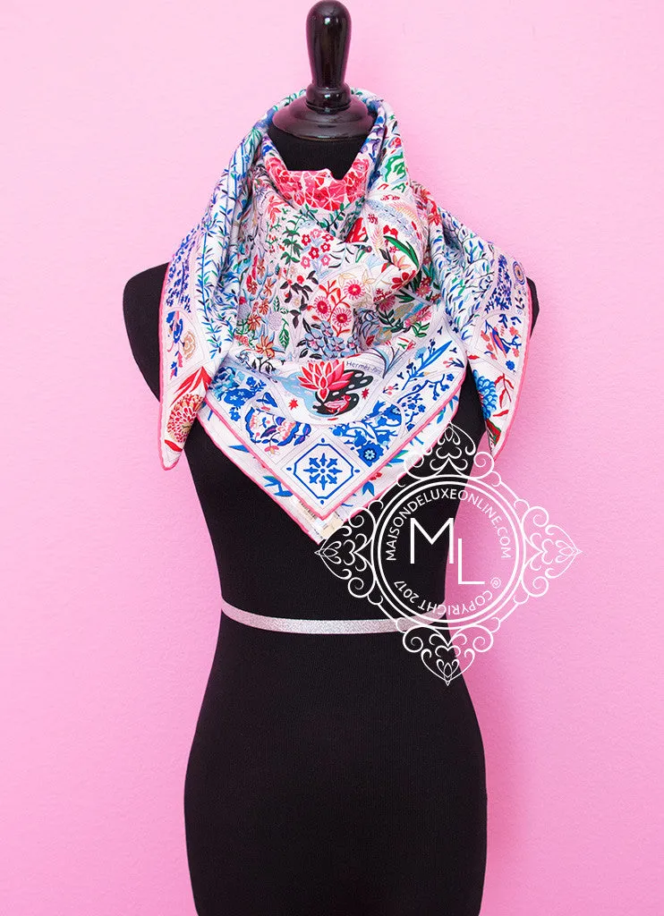 Hermes White Pink Twill Silk 90 cm Fleurs de Giverny Scarf