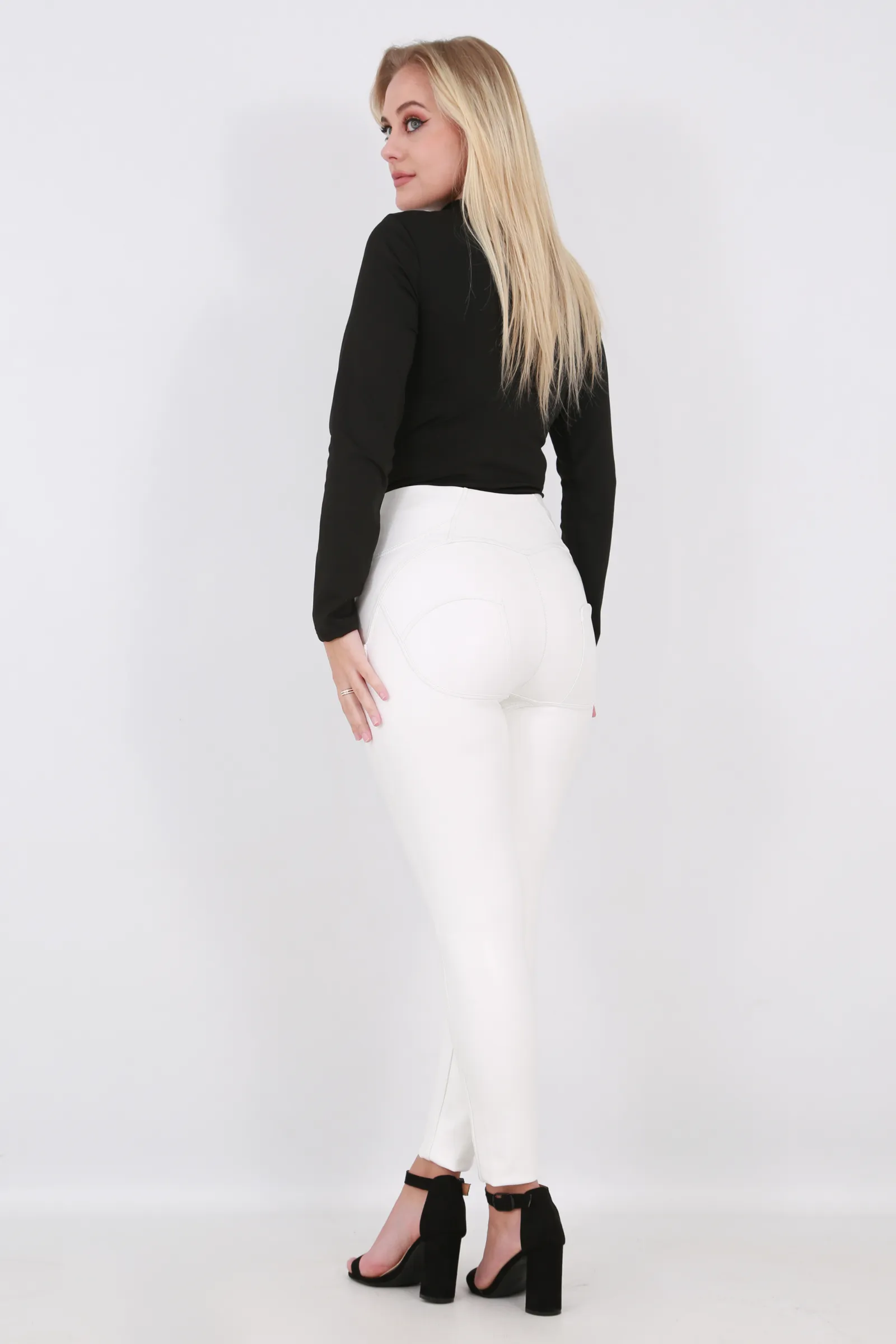 High Waist Butt Shaping leather stretch pants - Shiny Faux leather White