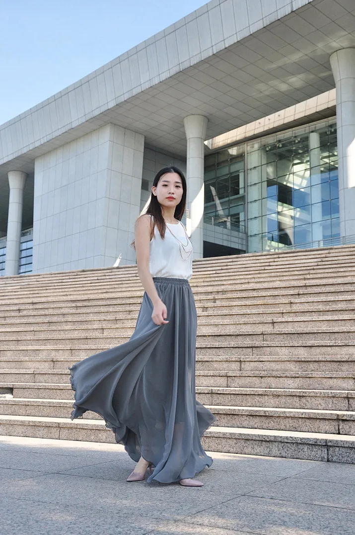 High Waist Maxi Skirt Chiffon Silk Skirts Beautiful Bow Tie Elastic Waist Summer Skirt Floor Length Long Skirt (037), #63