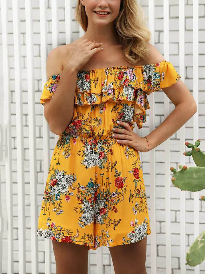 High Waist Slim Printed Holiday Beach Chiffon Jumpsuit