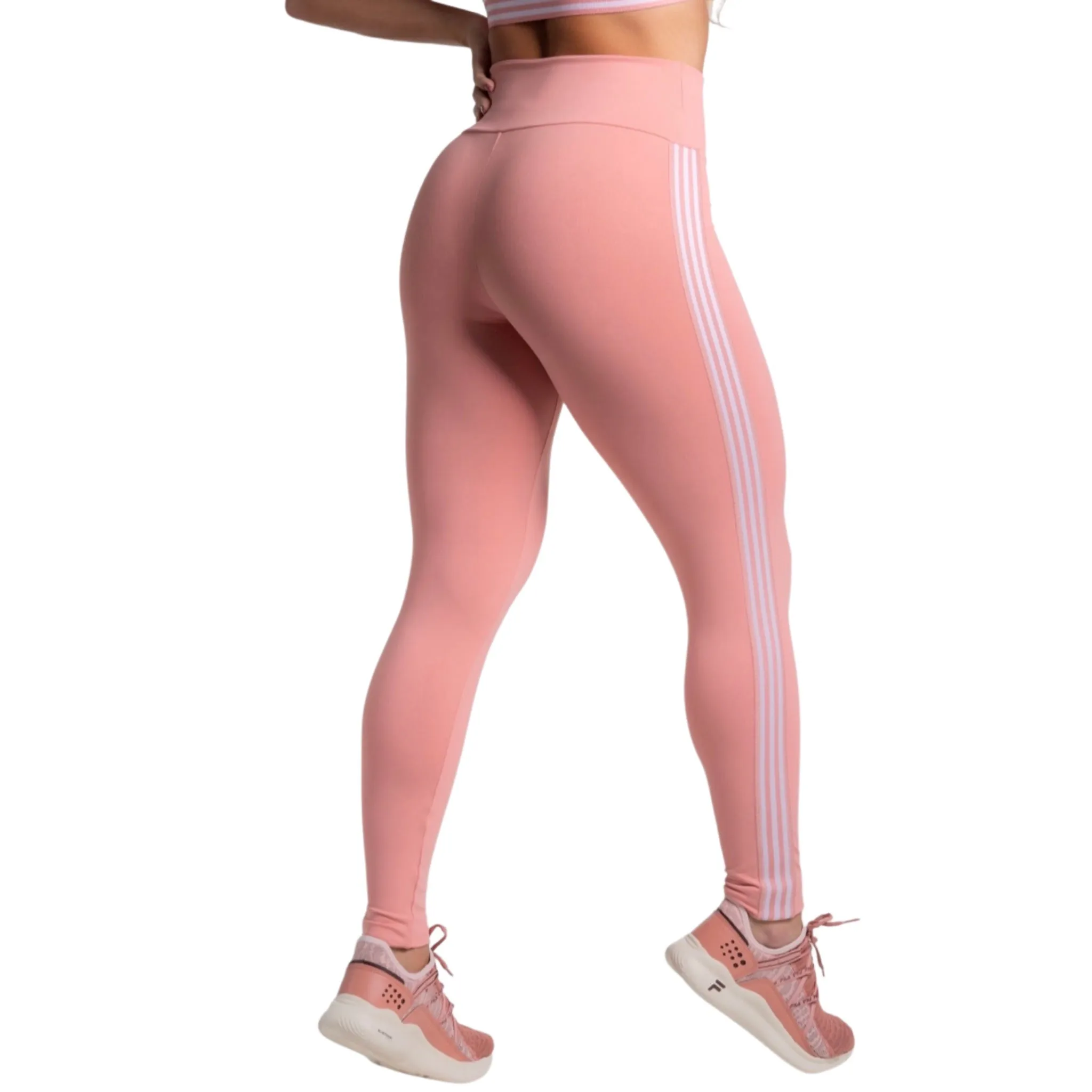 High-Waisted Pink Leggings – White Side Stripe Detail, Perfect Fit, Stretchable Fabric