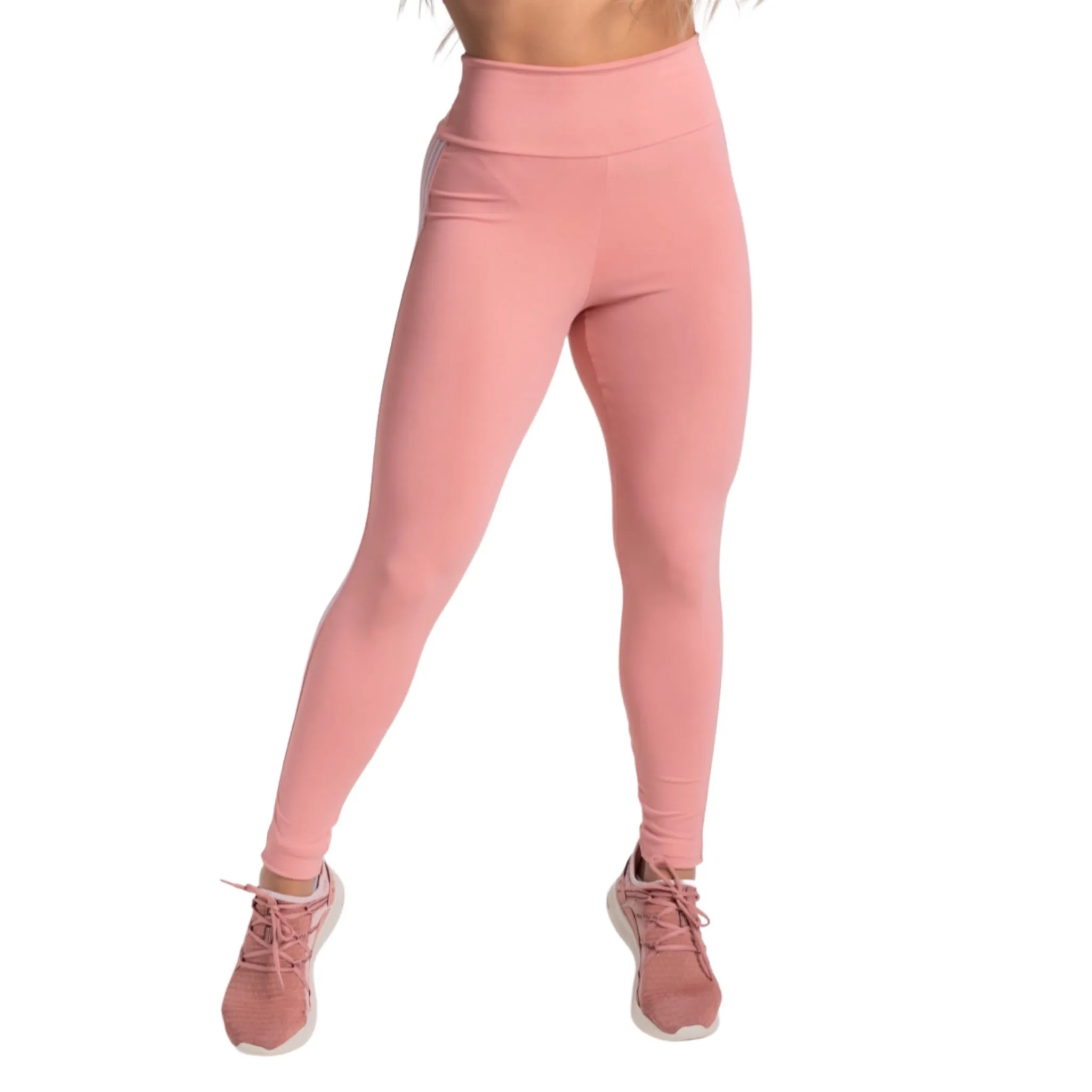 High-Waisted Pink Leggings – White Side Stripe Detail, Perfect Fit, Stretchable Fabric
