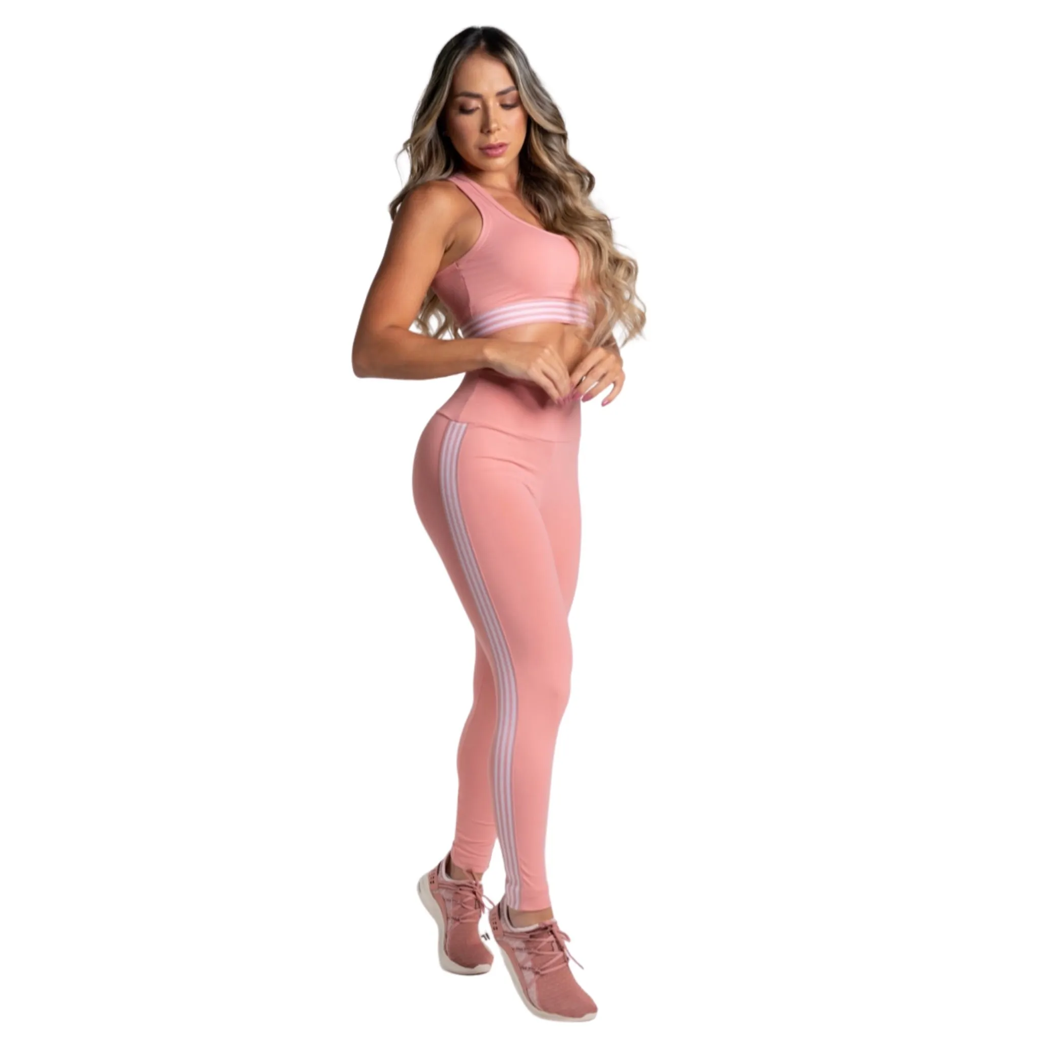 High-Waisted Pink Leggings – White Side Stripe Detail, Perfect Fit, Stretchable Fabric
