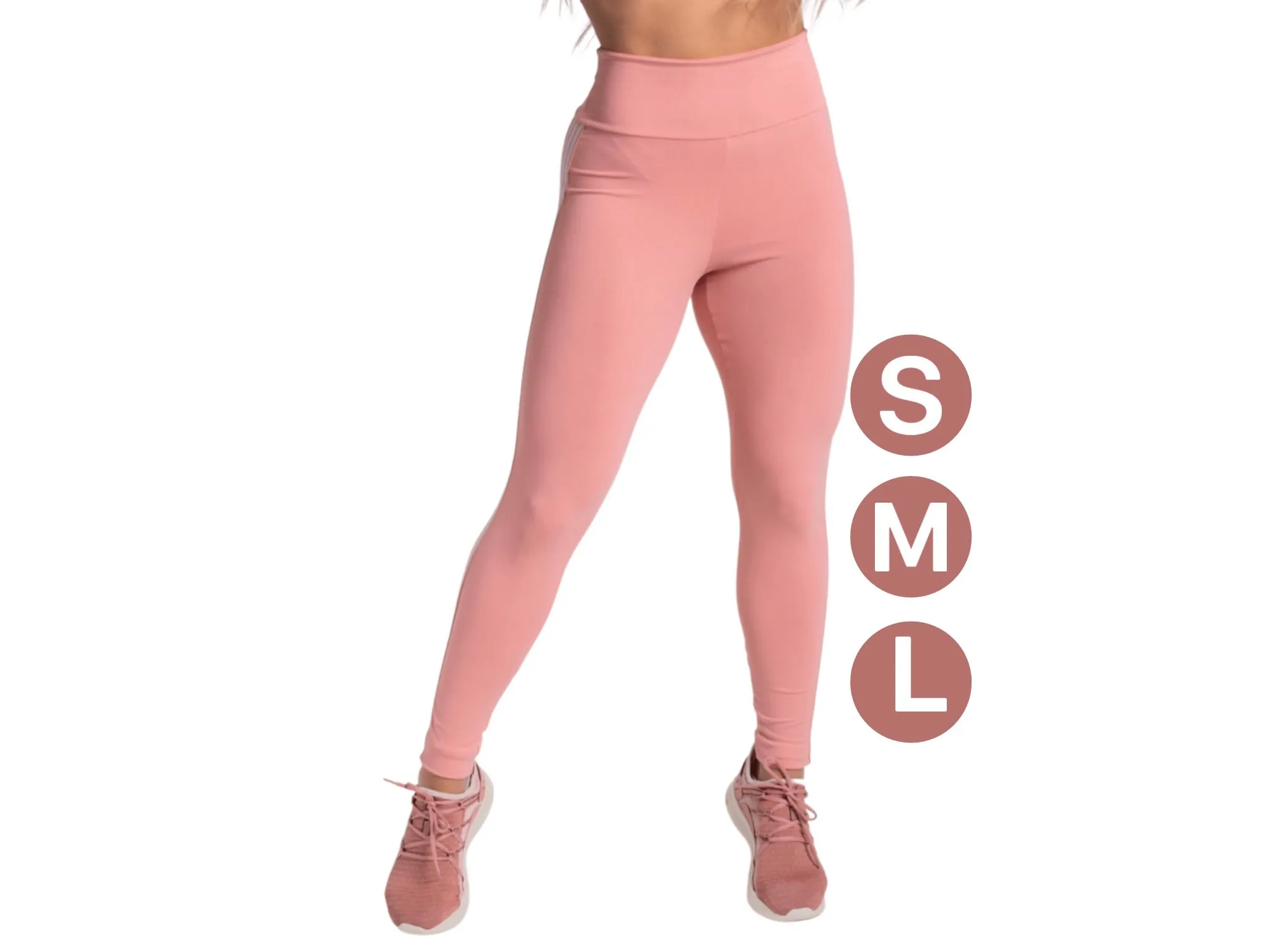 High-Waisted Pink Leggings – White Side Stripe Detail, Perfect Fit, Stretchable Fabric