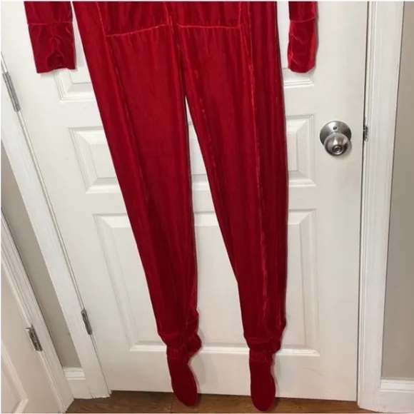 Hoodie Footie Velour Pajamas Onesie Cardinal Red Pj Feetie Pockets Thumb Hole M