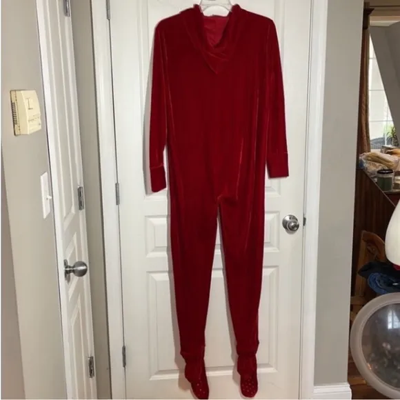 Hoodie Footie Velour Pajamas Onesie Cardinal Red Pj Feetie Pockets Thumb Hole M
